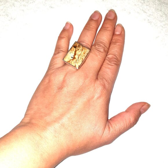 One-of-a-Kind Chunky Vintage Natural Jasper Sterling Silver Statement Ring - Picture 4 of 13